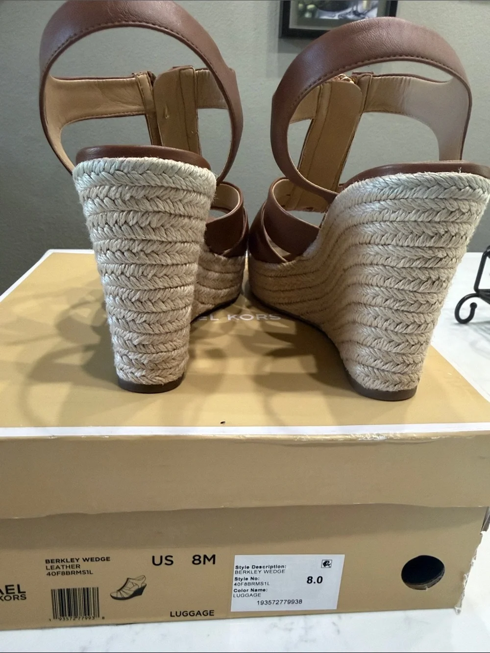 Michael Kors Brown Leather Espadrille Wedge Sandals with Gold Zip